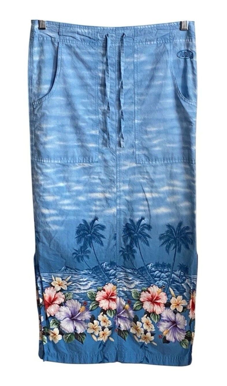 VTG Nalu Wahini Hawaiian Tropical Border Print Maxi Pencil Skirt Pockets Small